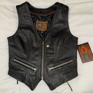 NWT Womens Split Cowhide Biker Leather Vest with Lower Back Decorative Laces